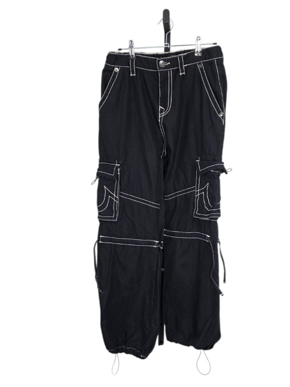 True Religion Cargo Parachute Pants, Black, Utility, Contrast Stitch, Size 27
